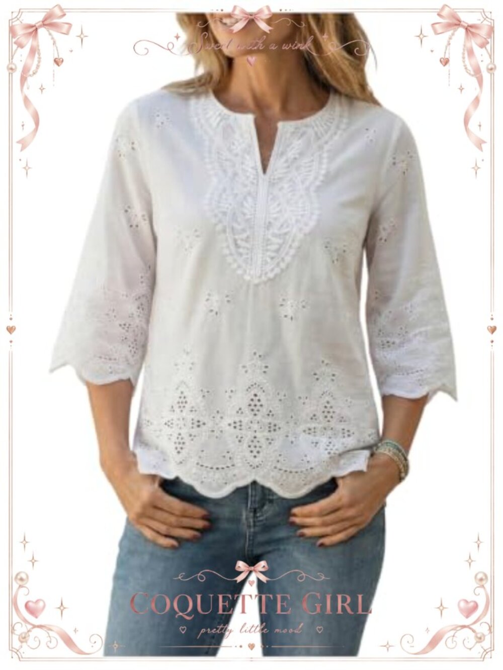 Women's Eyelet Blouse Notched V Neck Scalloped 3/4 Sleeve